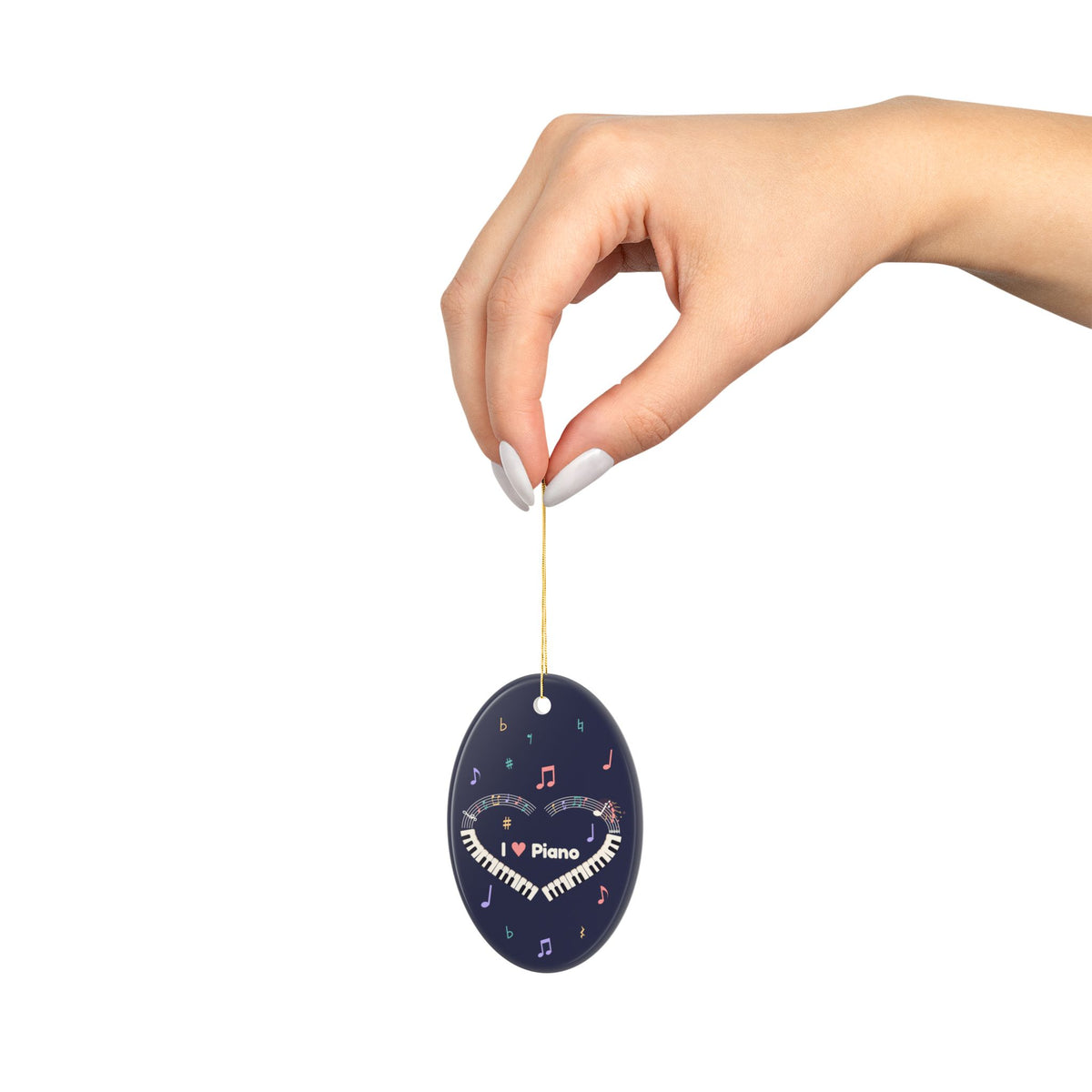 Music-themed Ceramic Ornaments, 1-Side Print: 'I love piano' heart - navy