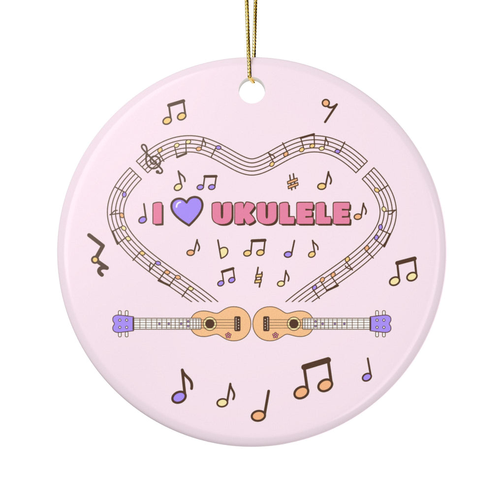 Music-themed Ceramic Ornaments, 2-Side Print: 'I love ukulele' - pink