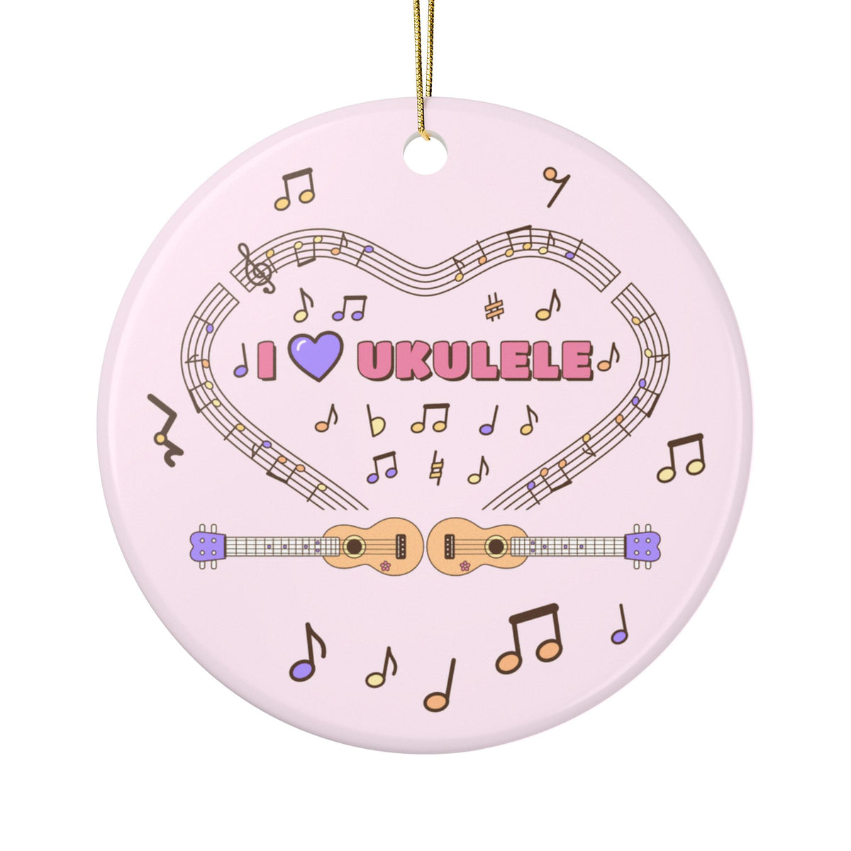 Music-themed Ceramic Ornaments, 2-Side Print: 'I love ukulele' - pink