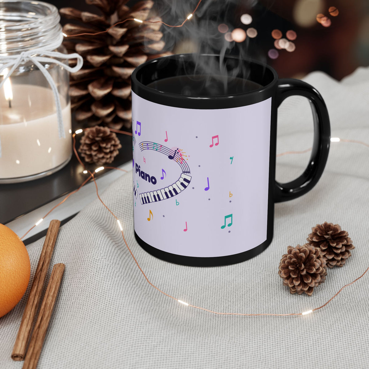 Music-themed Black Mug (11oz, 15oz): 'I love piano' heart - violet