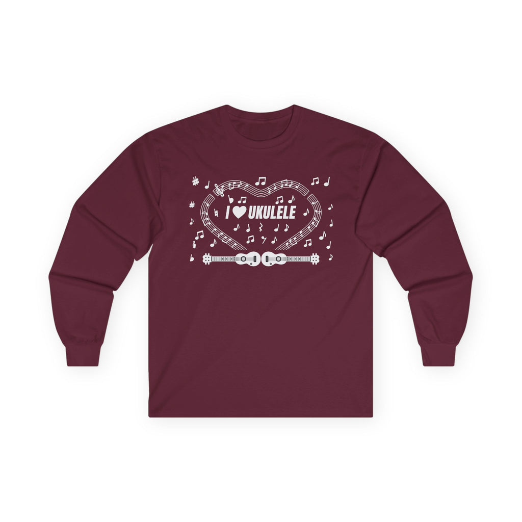 Music-themed Unisex Ultra Cotton Long Sleeve Tee: 'I love ukulele' - black & white