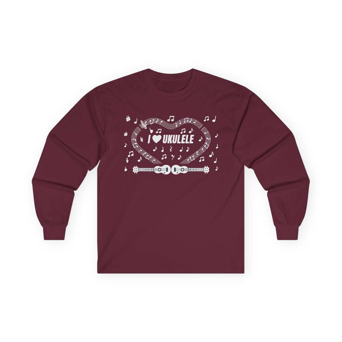 Music-themed Unisex Ultra Cotton Long Sleeve Tee: 'I love ukulele' - black & white