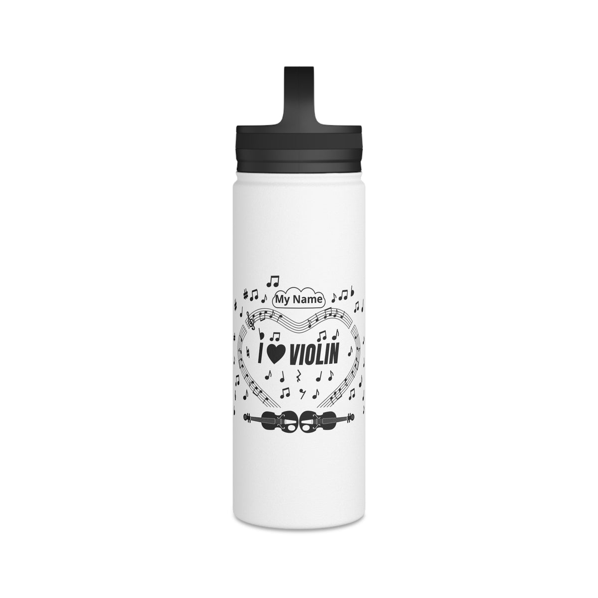 Music-themed Stainless Steel Water Bottle, Handle Lid: 'I love violin' - black on white