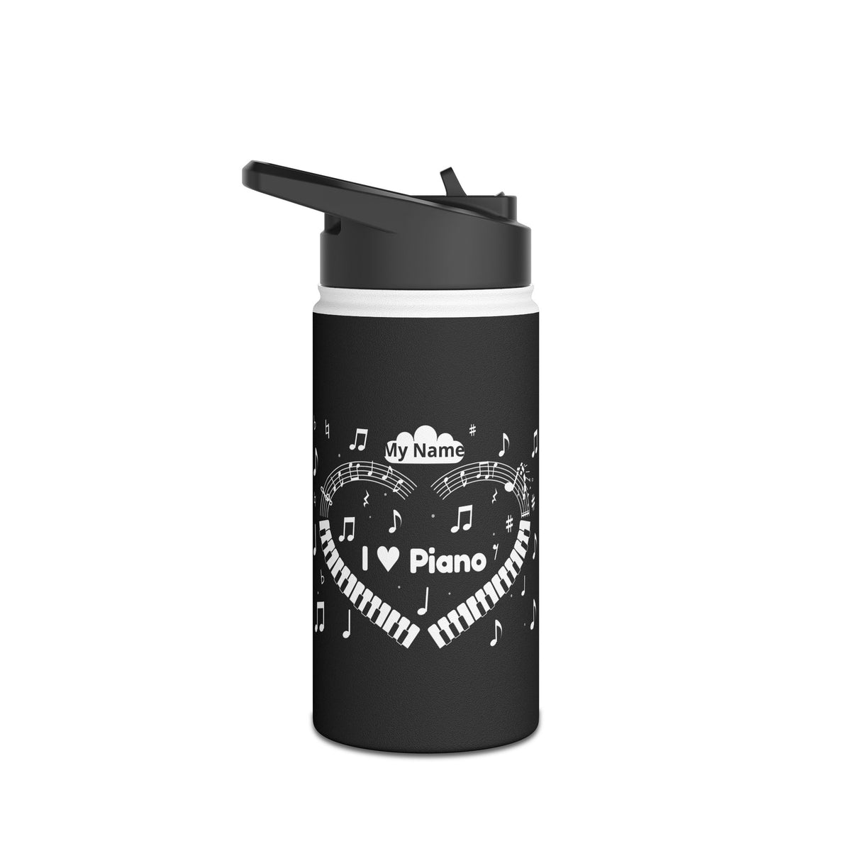Music-themed Stainless Steel Water Bottle, Standard Lid: 'I love piano' heart - black & white