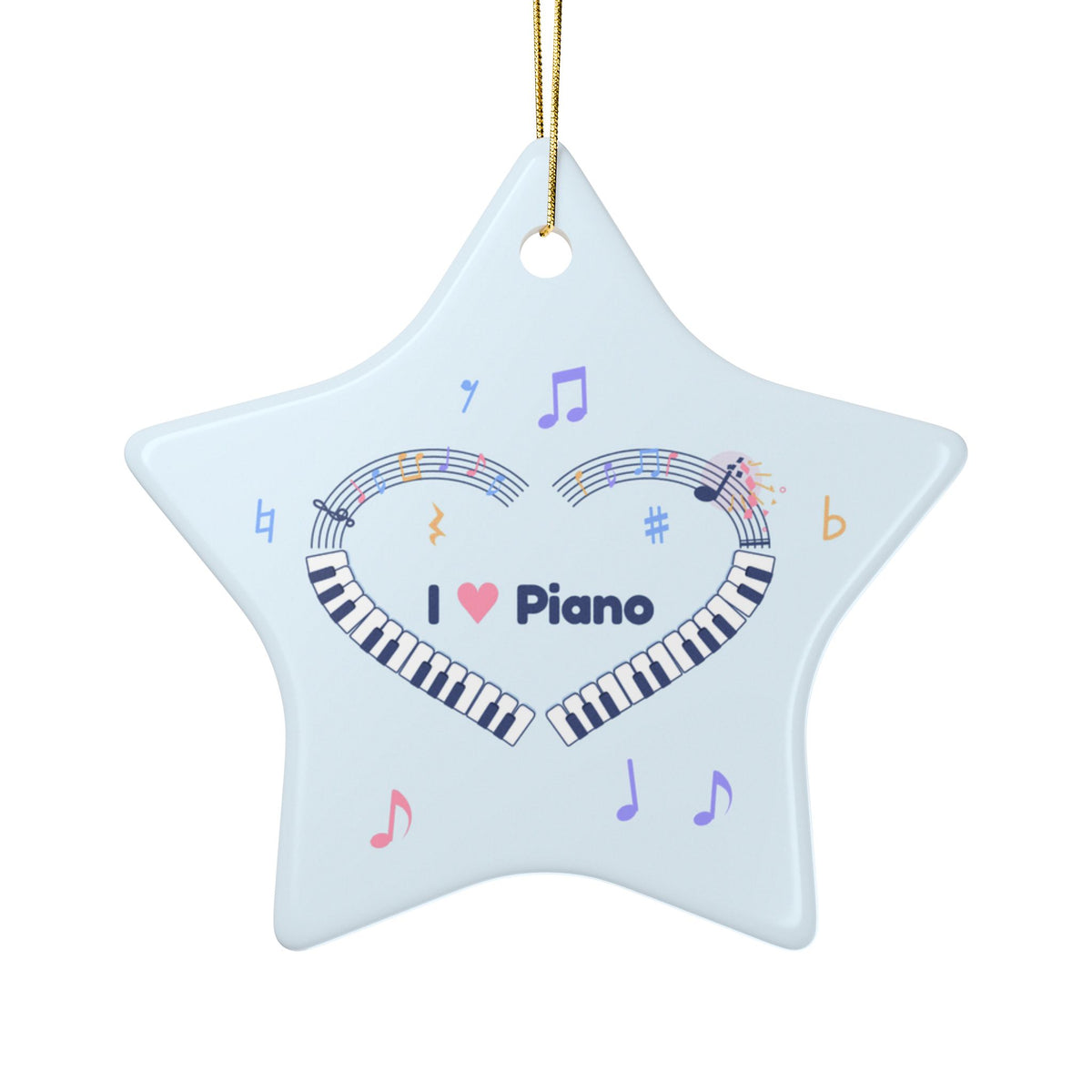 Music-themed Ceramic Ornaments, 1-Side Print: 'I love piano' heart - blue