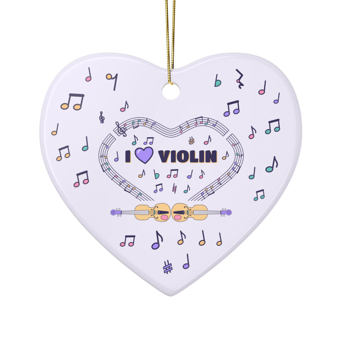 Music-themed Ceramic Ornaments, 2-Side Print: 'I love violin' - violet