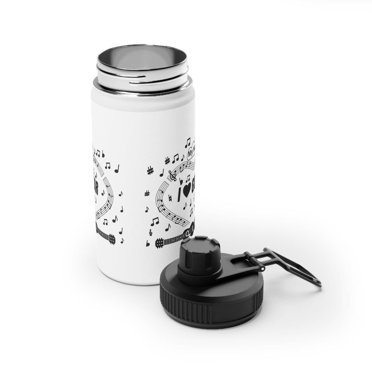 Music-themed Stainless Steel Water Bottle, Sports Lid: 'I love guitar' - black on white
