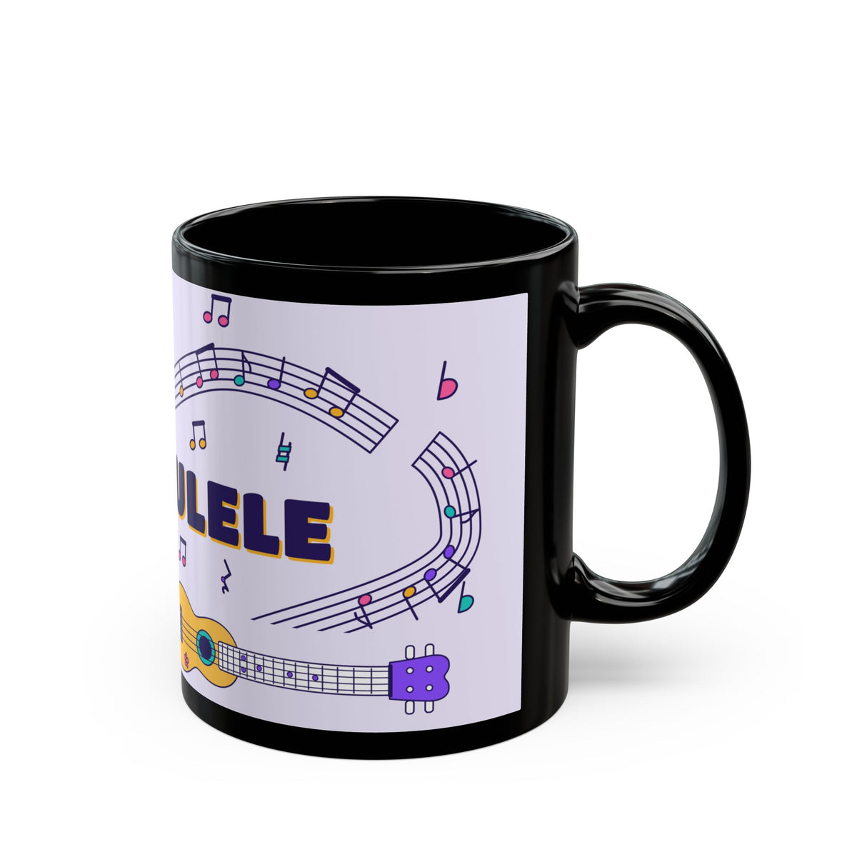 Music-themed Black Mug (11oz, 15oz): 'I love ukulele' - violet