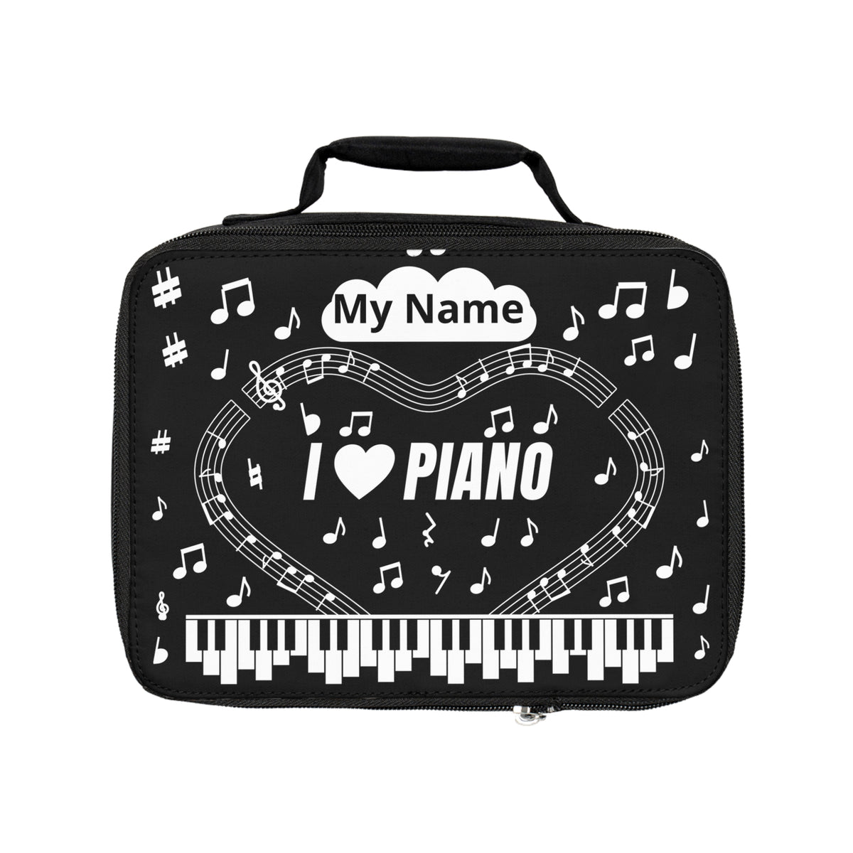 Music-themed Lunch Bag: 'I love piano' - black & white