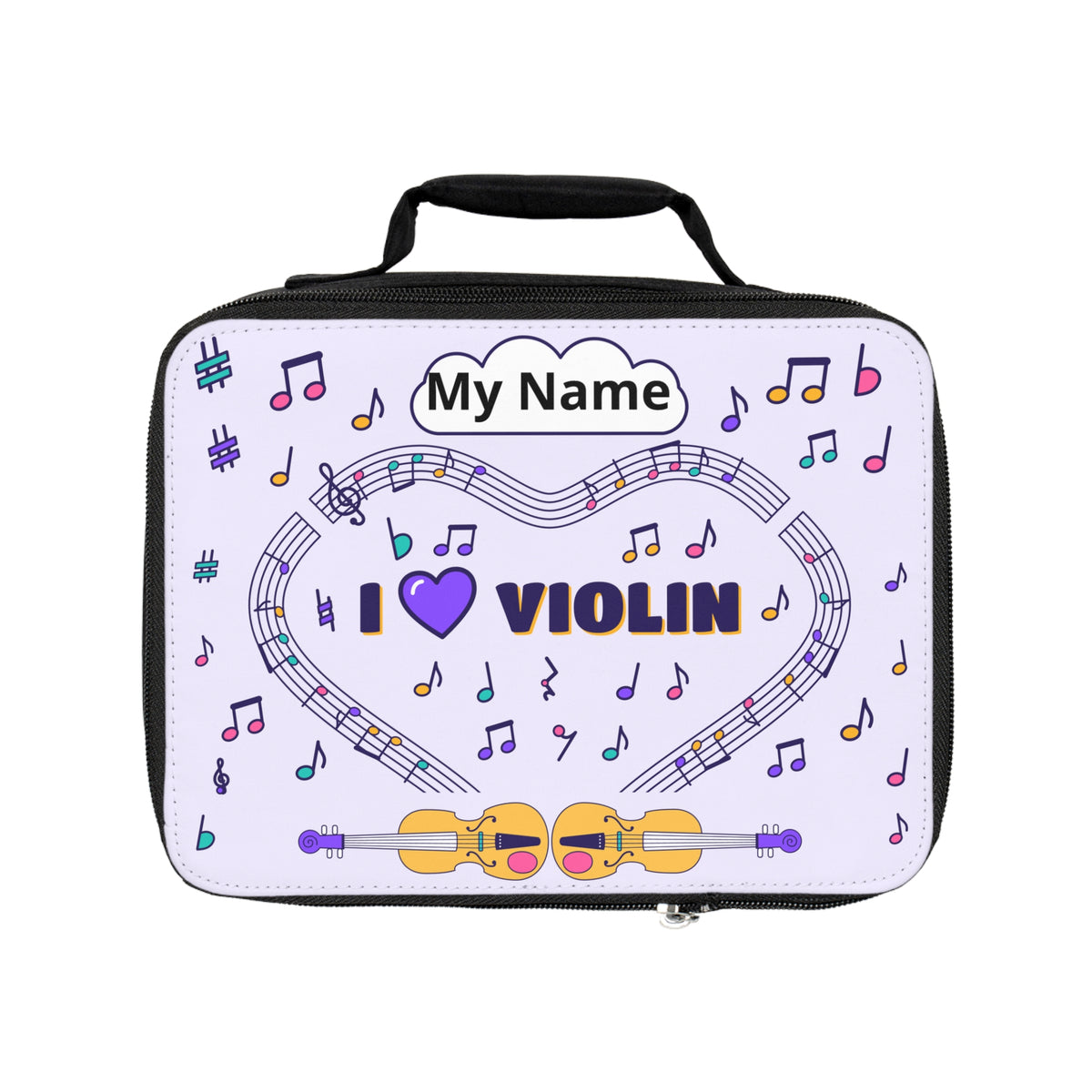 Music-themed Lunch Bag: 'I love violin' - violet
