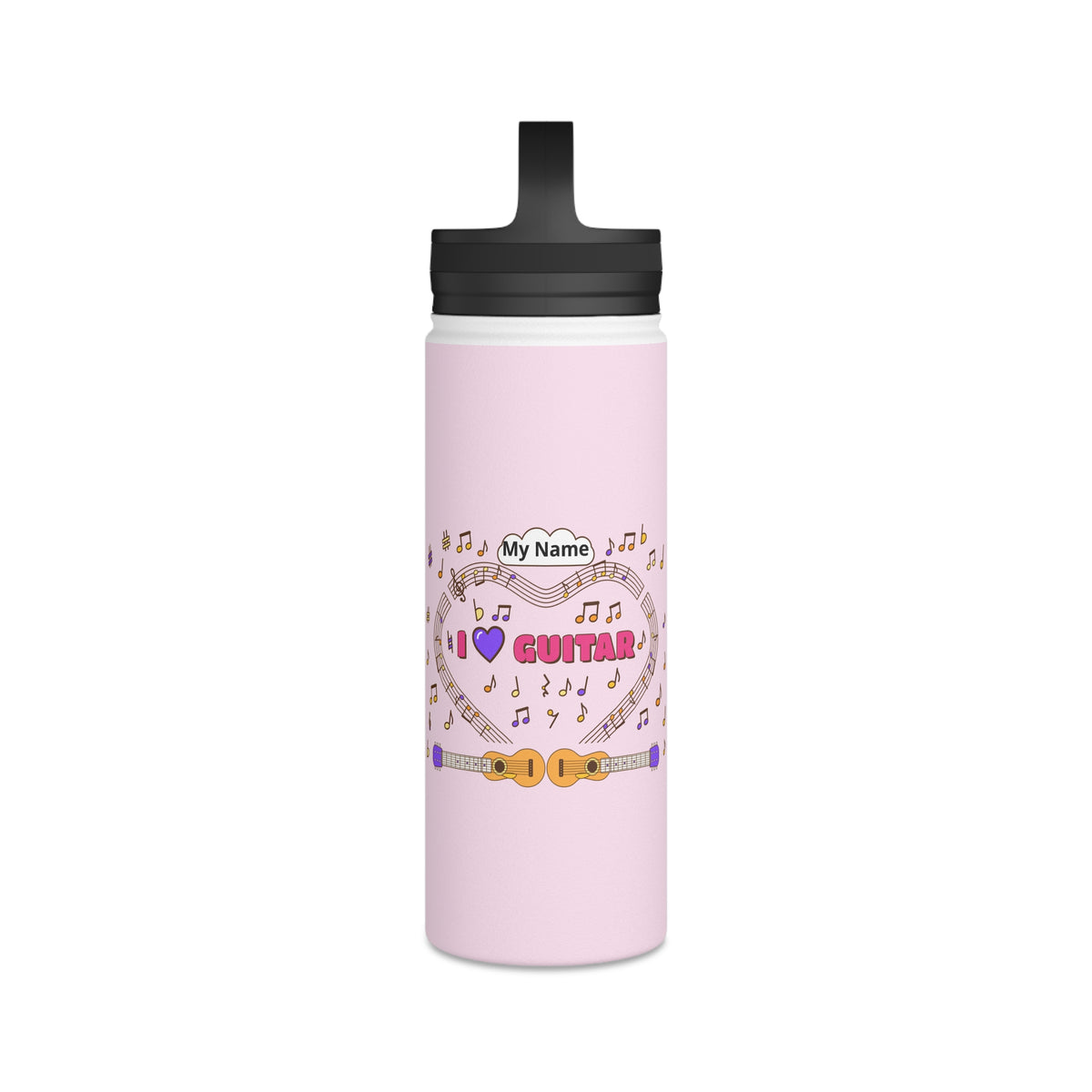 Music-themed Stainless Steel Water Bottle, Handle Lid: 'I love guitar' - pink