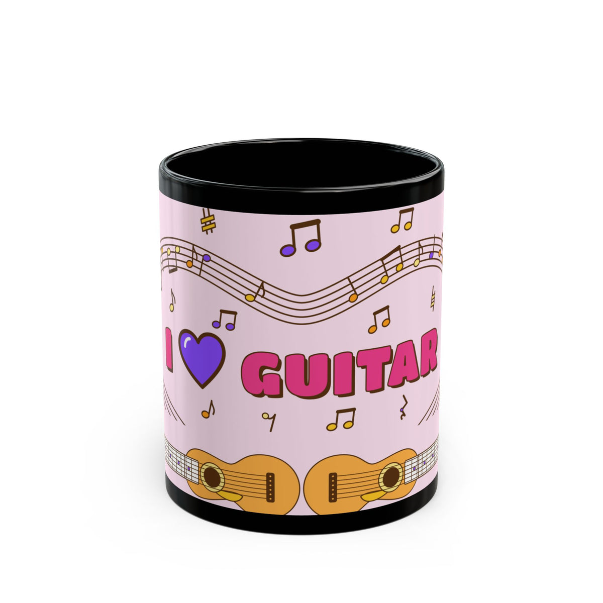 Music-themed Black Mug (11oz, 15oz): 'I love guitar' - pink
