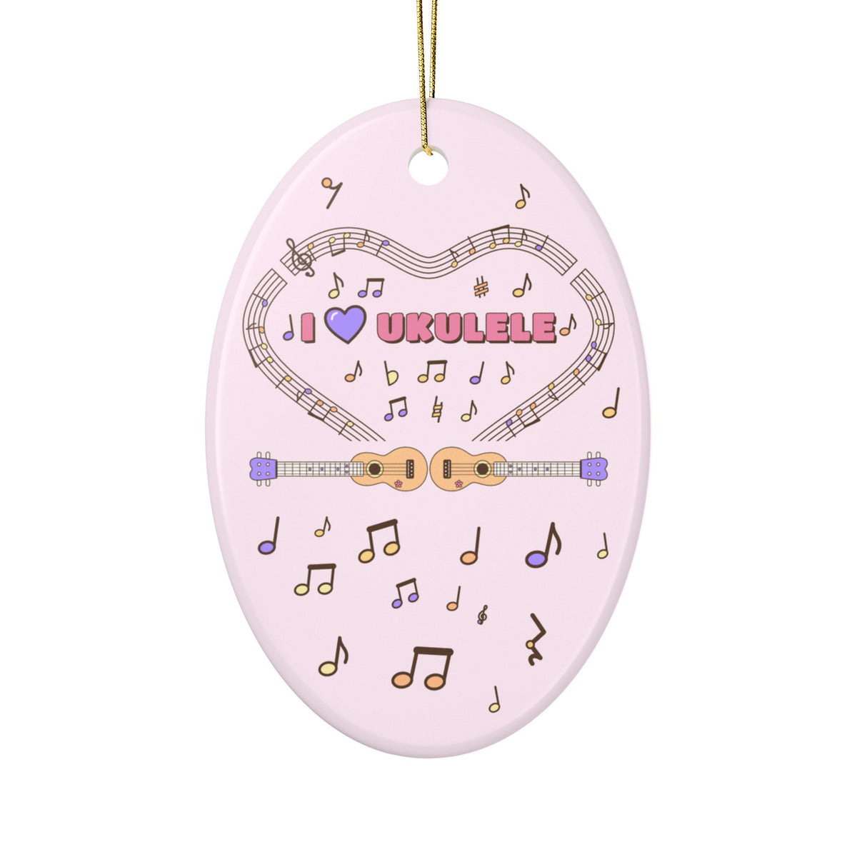 Music-themed Ceramic Ornaments, 2-Side Print: 'I love ukulele' - pink