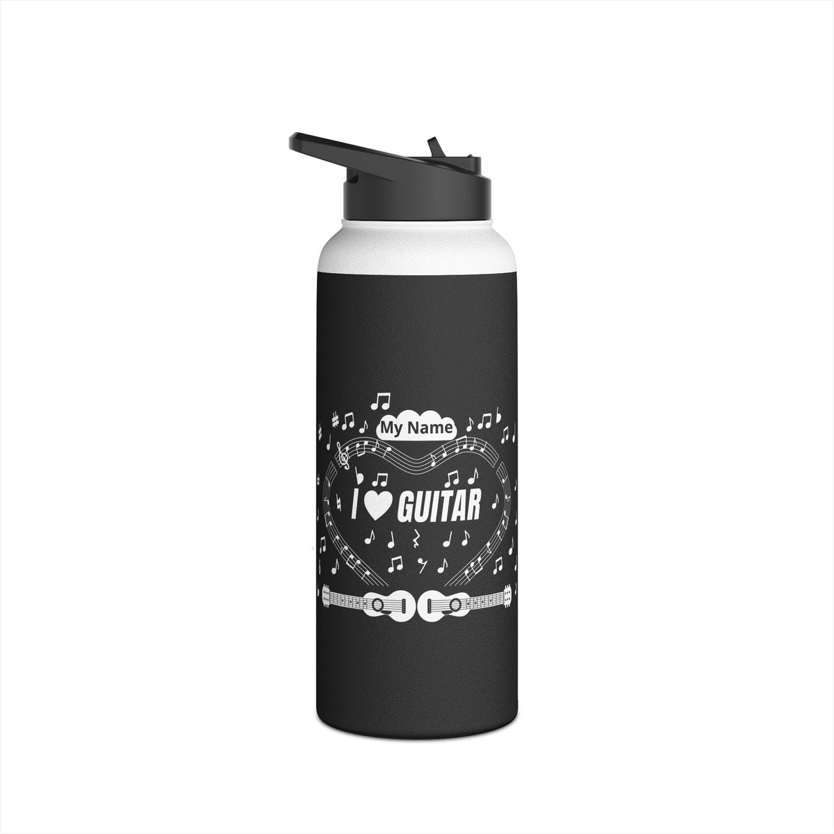 Music-themed Stainless Steel Water Bottle, Standard Lid: 'I love guitar' - black & white