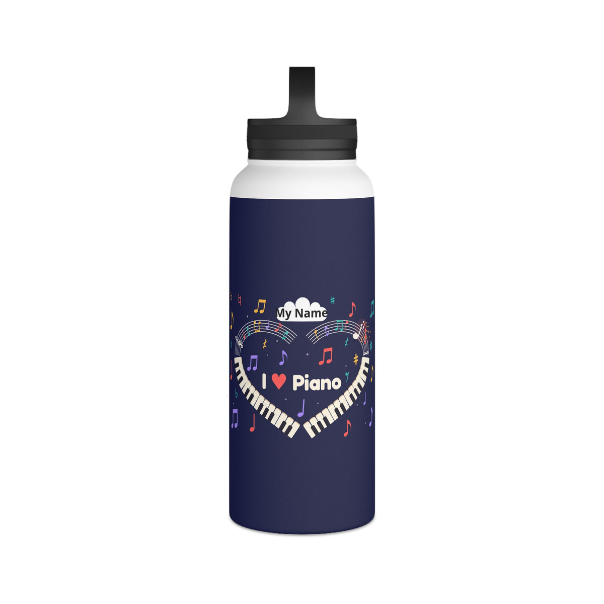 Music-themed Stainless Steel Water Bottle, Handle Lid: 'I love piano' heart - navy