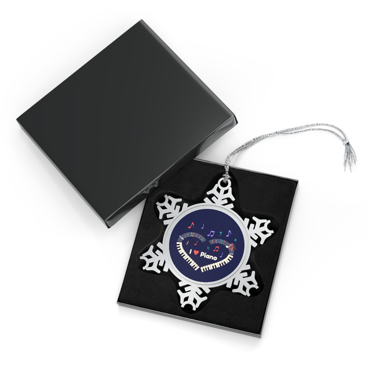 Music-themed Pewter Snowflake Ornament: 'I love piano' heart - navy