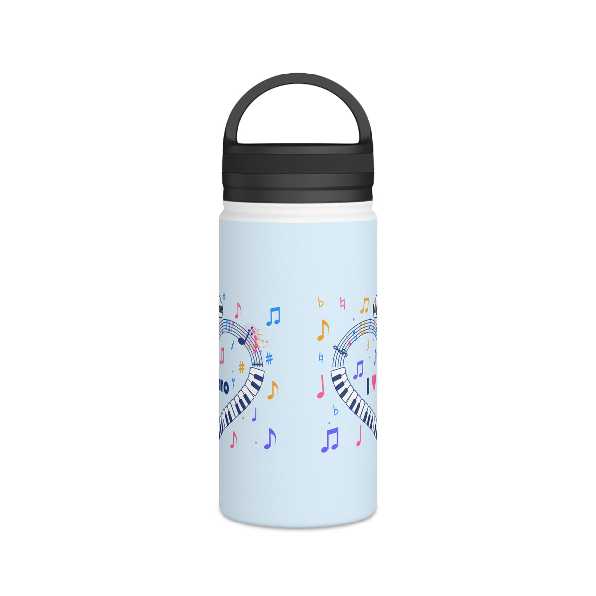 Music-themed Stainless Steel Water Bottle, Handle Lid: 'I love piano' heart - blue