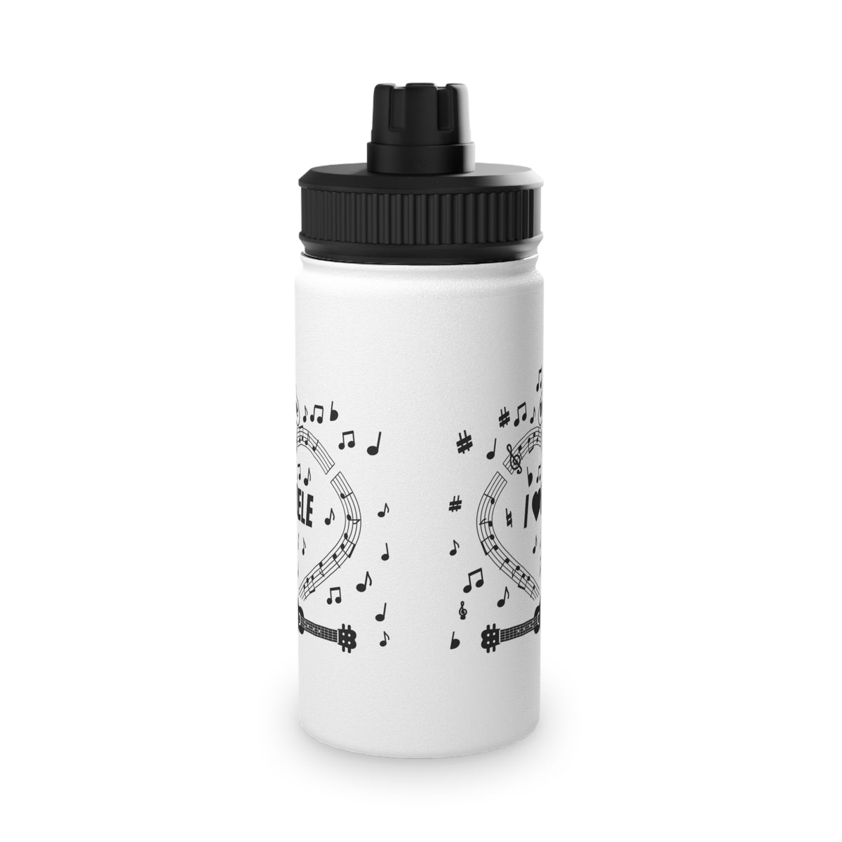 Music-themed Stainless Steel Water Bottle, Sports Lid: 'I love ukulele' - black on white