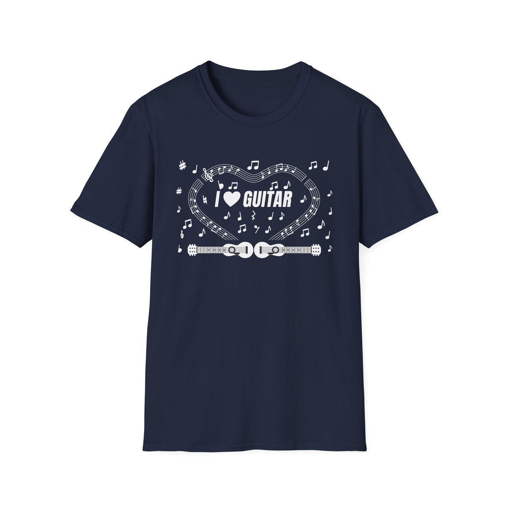 Music-themed Unisex Softstyle T-Shirt: 'I love guitar' - black & white