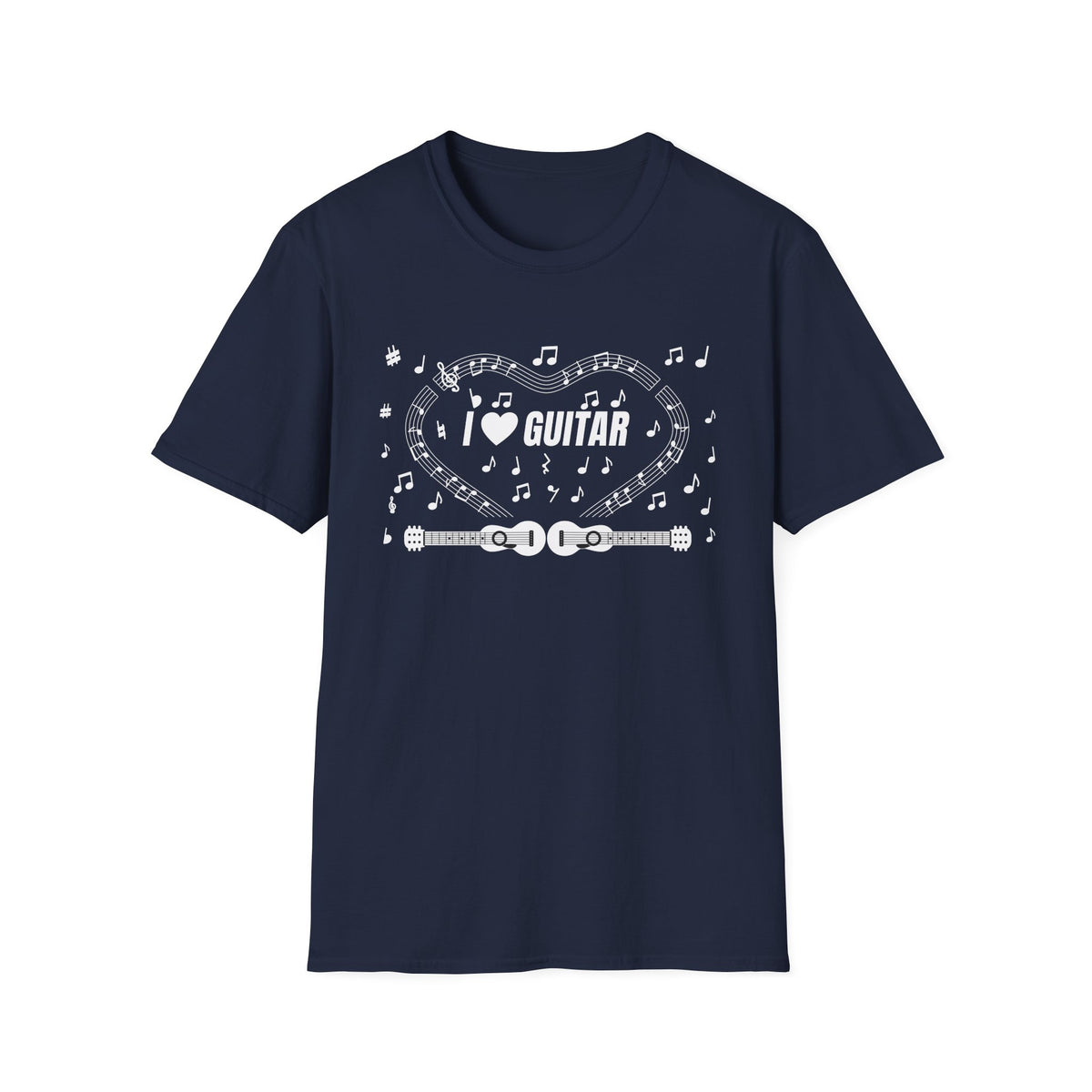 Music-themed Unisex Softstyle T-Shirt: 'I love guitar' - black & white