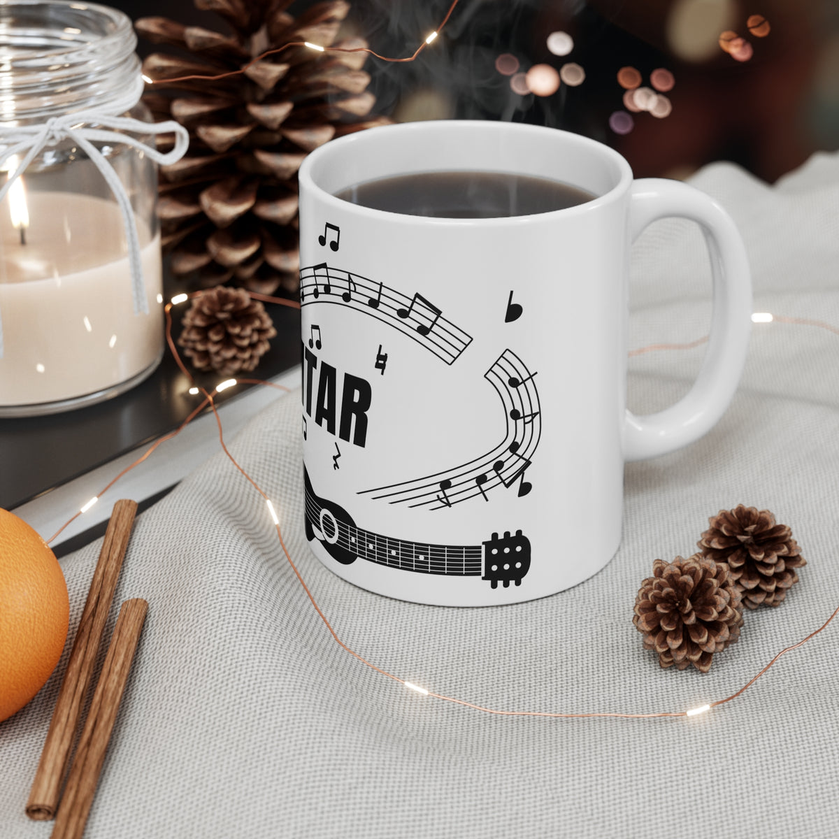 Music-themed Ceramic Mug, 11oz, 15oz: 'I love guitar' - black on white