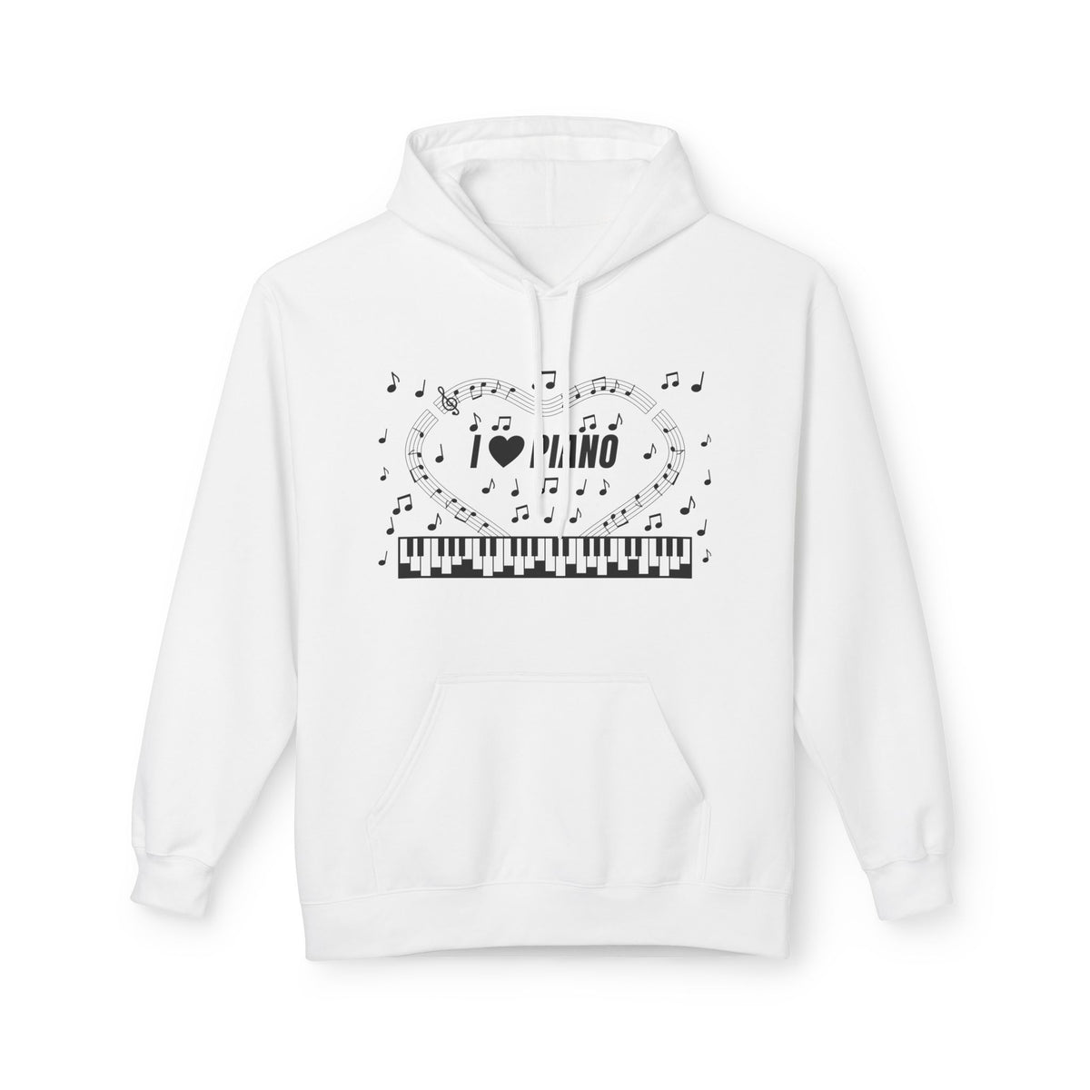 Music-themed Unisex Midweight Softstyle Fleece Hoodie: 'I love piano' - black on white