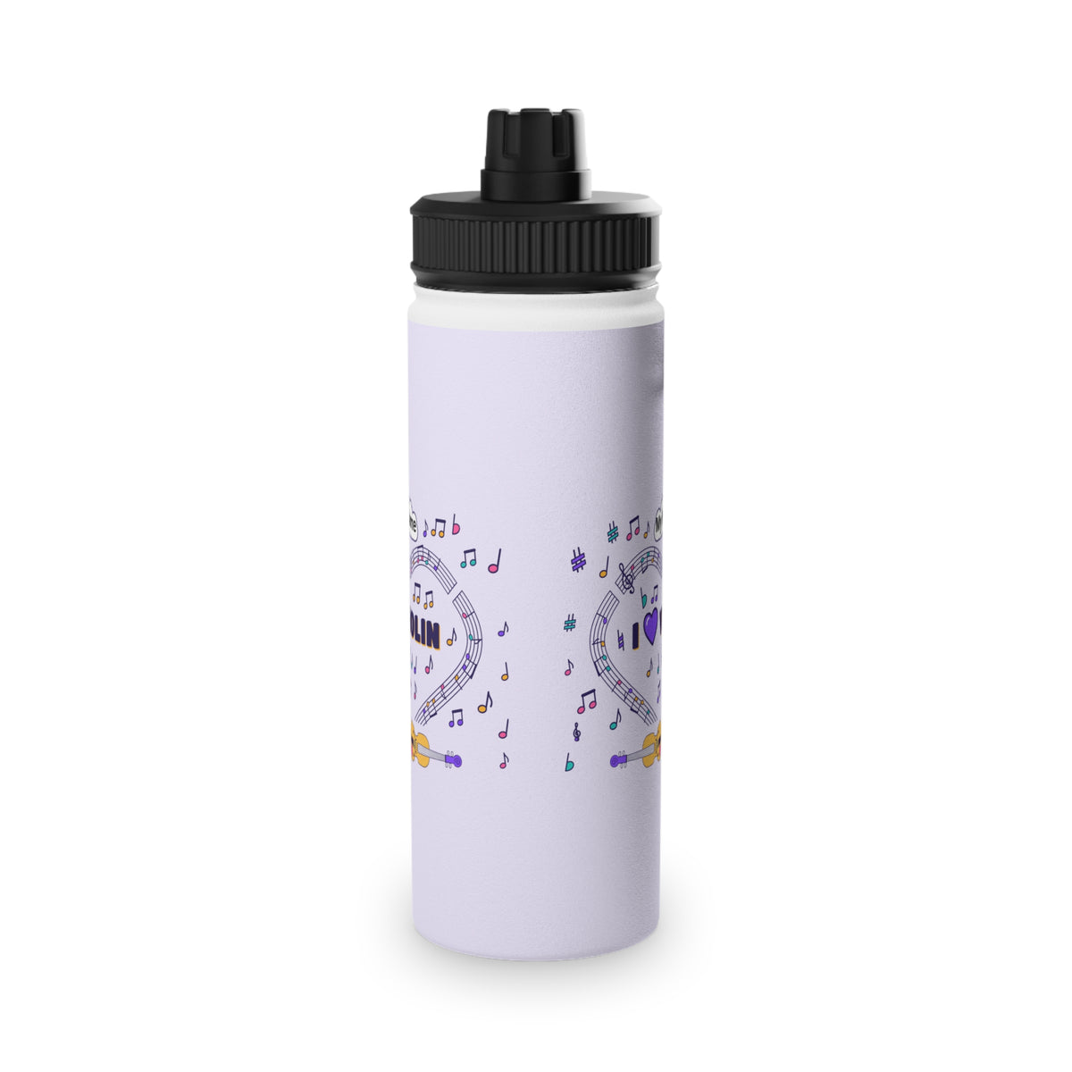 Music-themed Stainless Steel Water Bottle, Sports Lid: 'I love violin' - violet