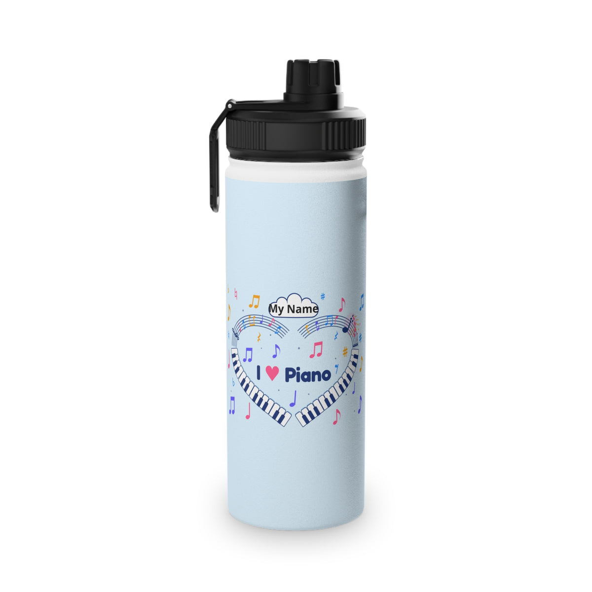 Music-themed Stainless Steel Water Bottle, Sports Lid: 'I love piano' heart - blue