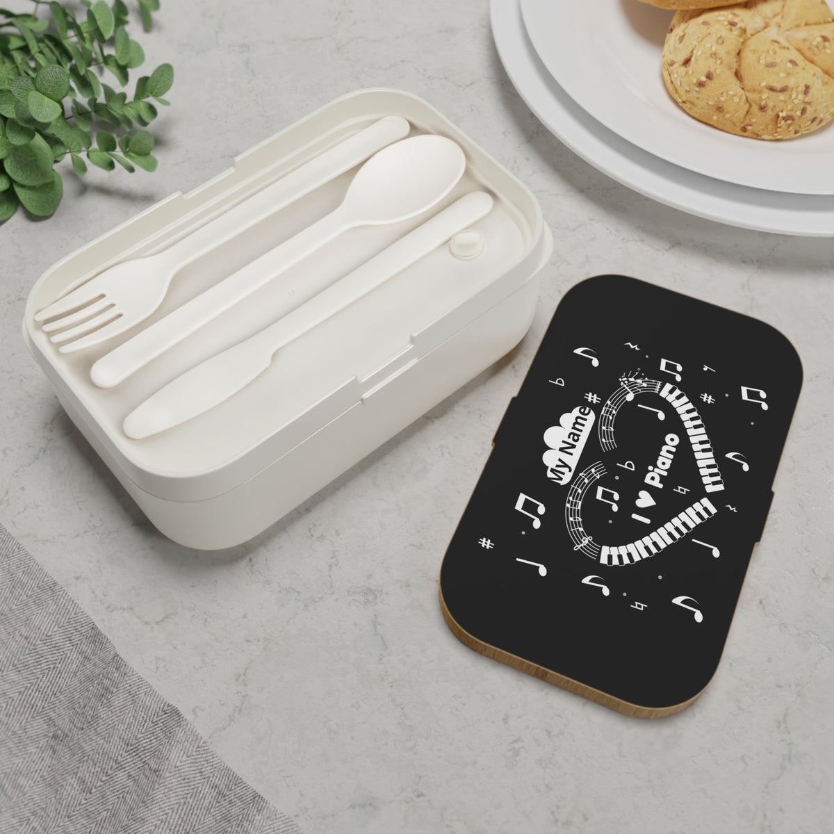 Music-themed Bento Lunch Box: 'I love piano' heart - black & white