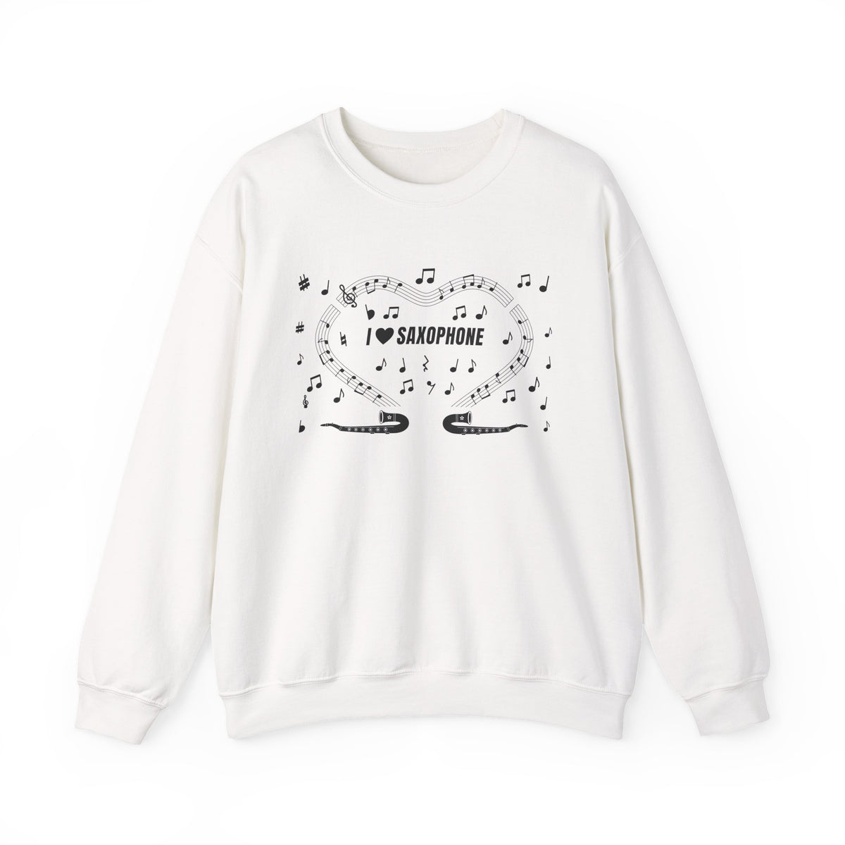 Music-themed Unisex Heavy Blend Crewneck Sweatshirt: 'I love saxophone' - black on white
