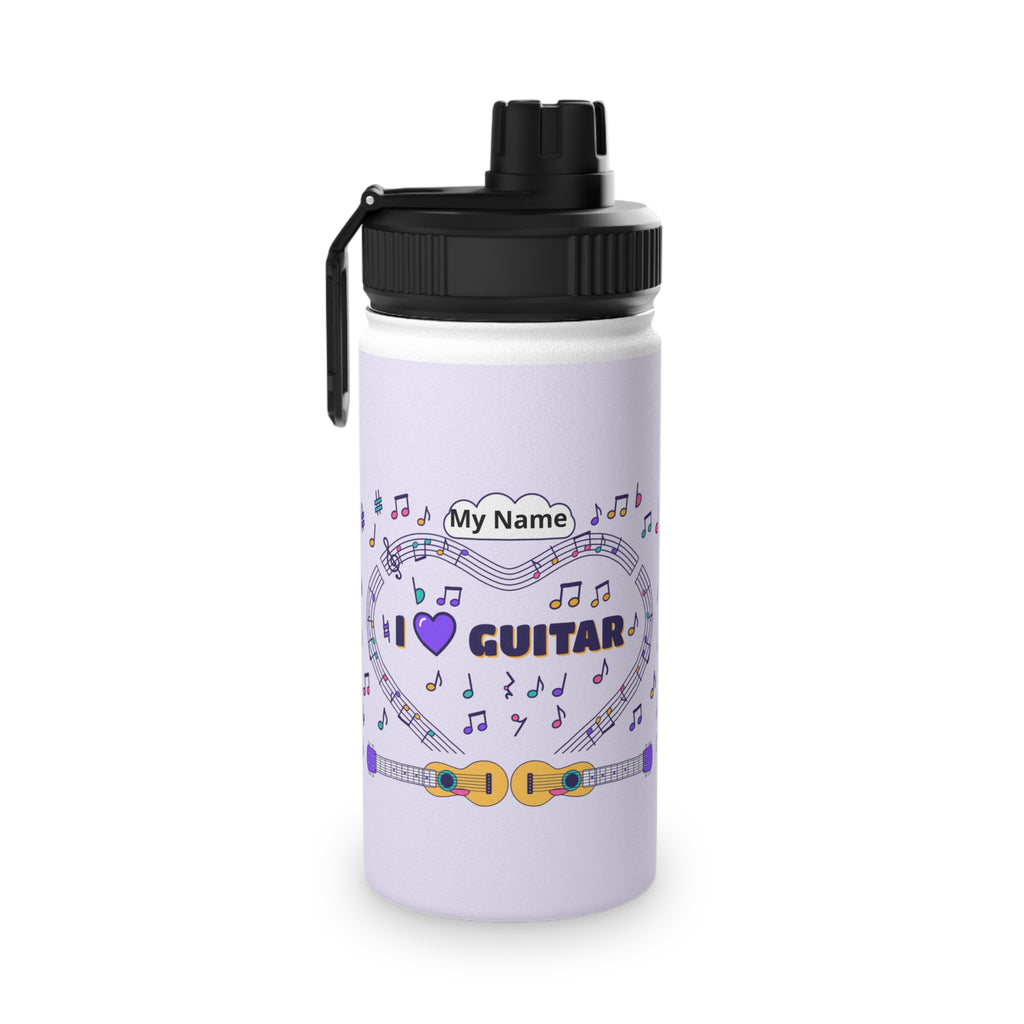 Music-themed Stainless Steel Water Bottle, Sports Lid: 'I love guitar' - violet