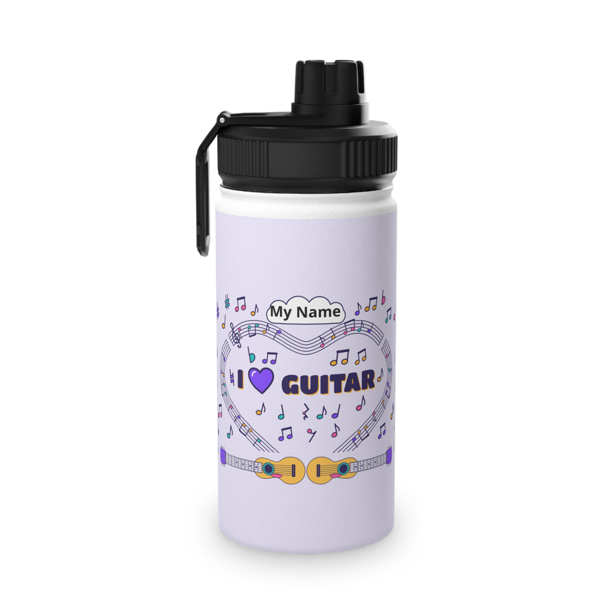 Music-themed Stainless Steel Water Bottle, Sports Lid: 'I love guitar' - violet
