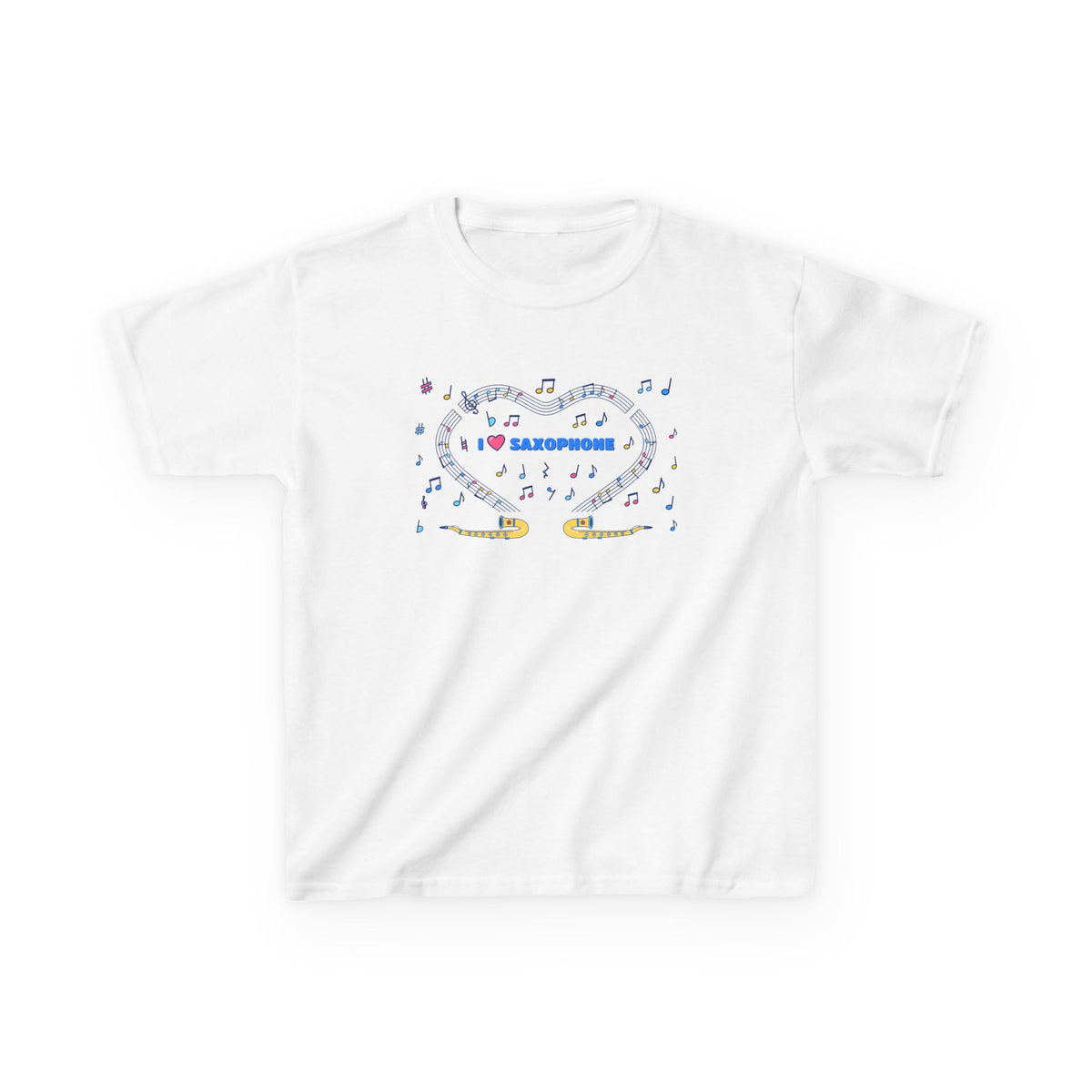 Music-themed Kids Heavy Cotton Tee: 'I love saxophone' - blue