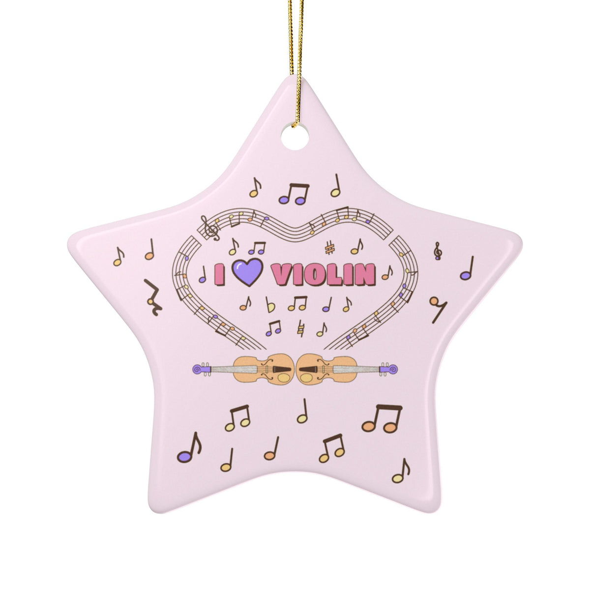 Music-themed Ceramic Ornaments, 2-Side Print: 'I love violin' - pink