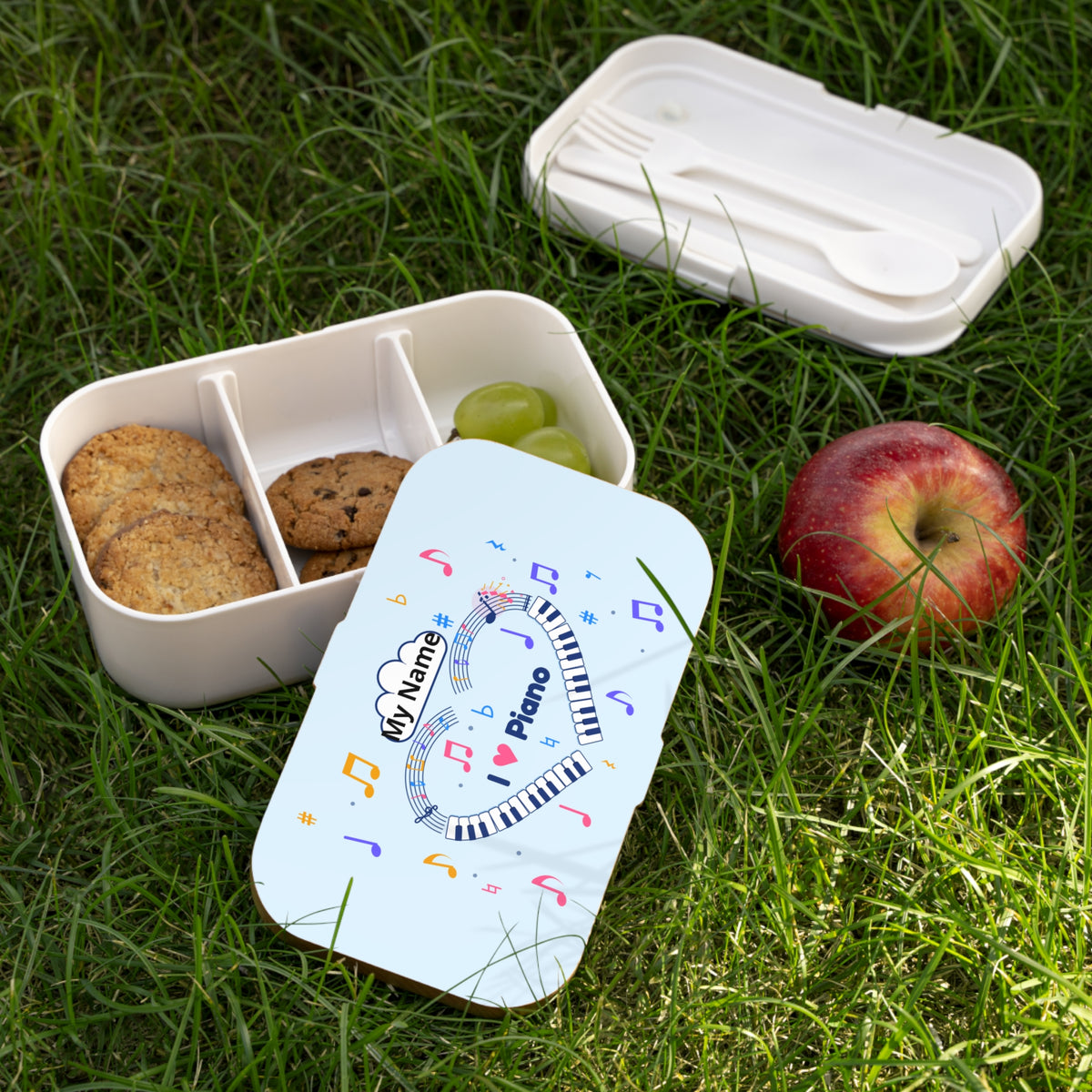 Music-themed Bento Lunch Box: 'I love piano' heart - blue
