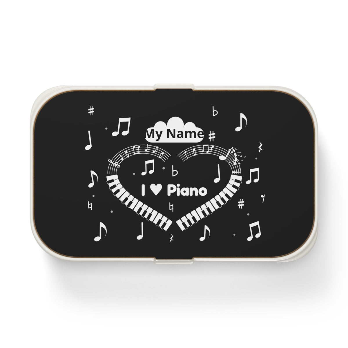 Music-themed Bento Lunch Box: 'I love piano' heart - black & white