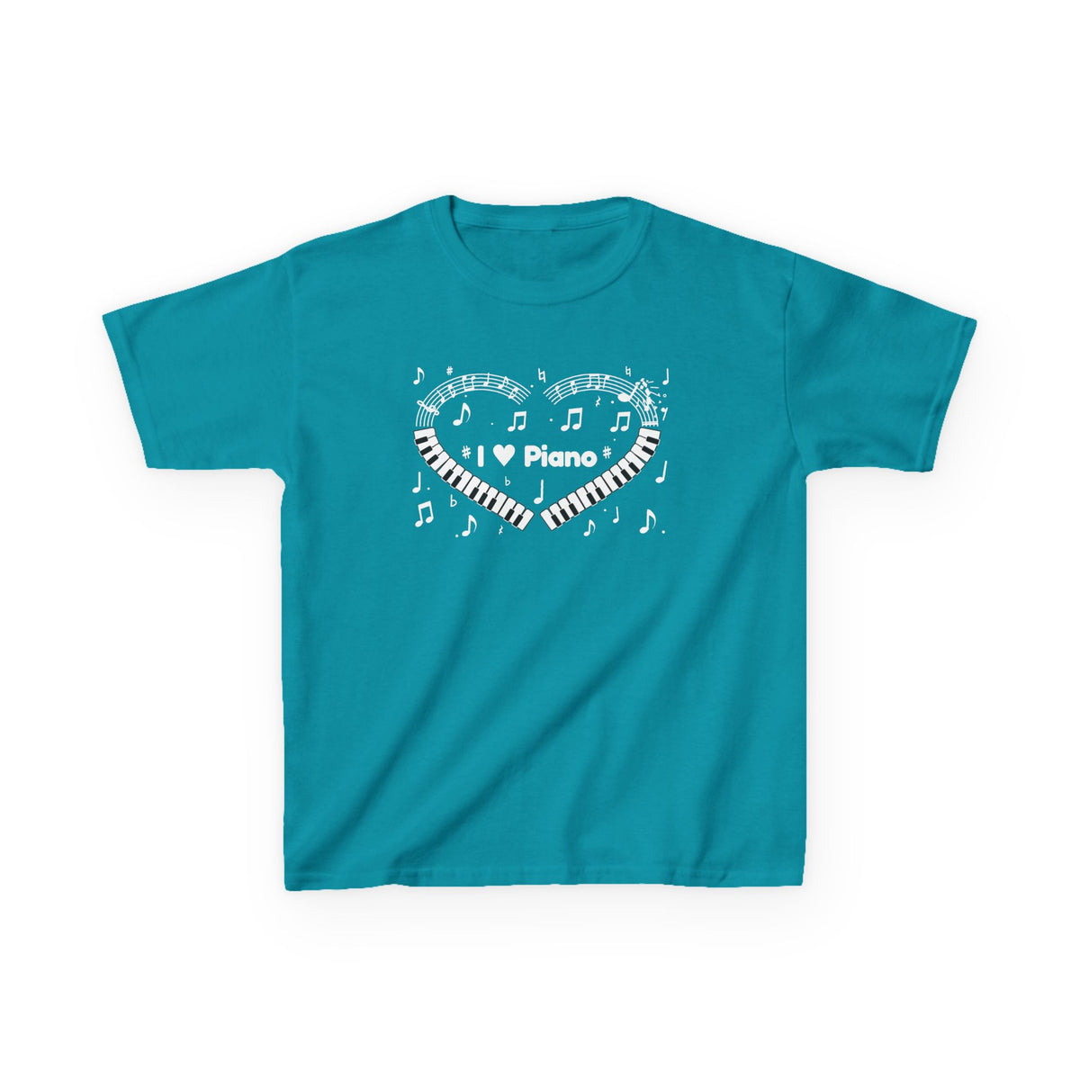 Music-themed Kids Heavy Cotton Tee: 'I love piano' heart - black & white