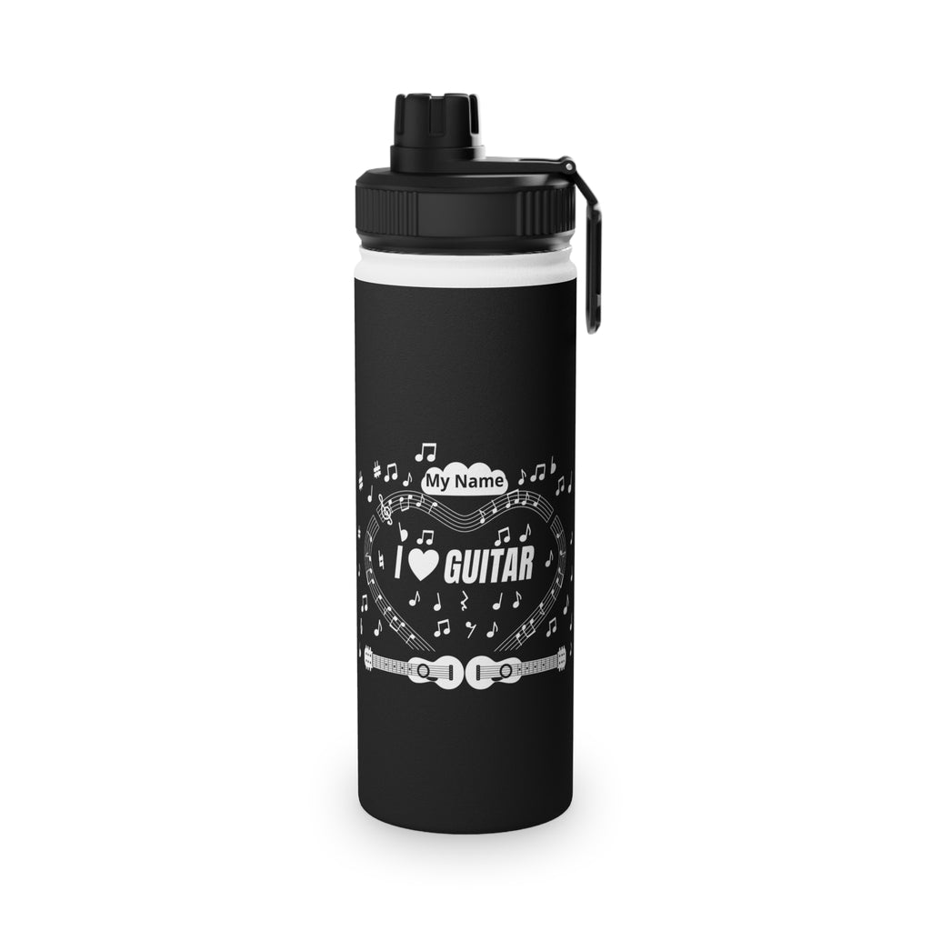 Music-themed Stainless Steel Water Bottle, Sports Lid: 'I love guitar' - black & white
