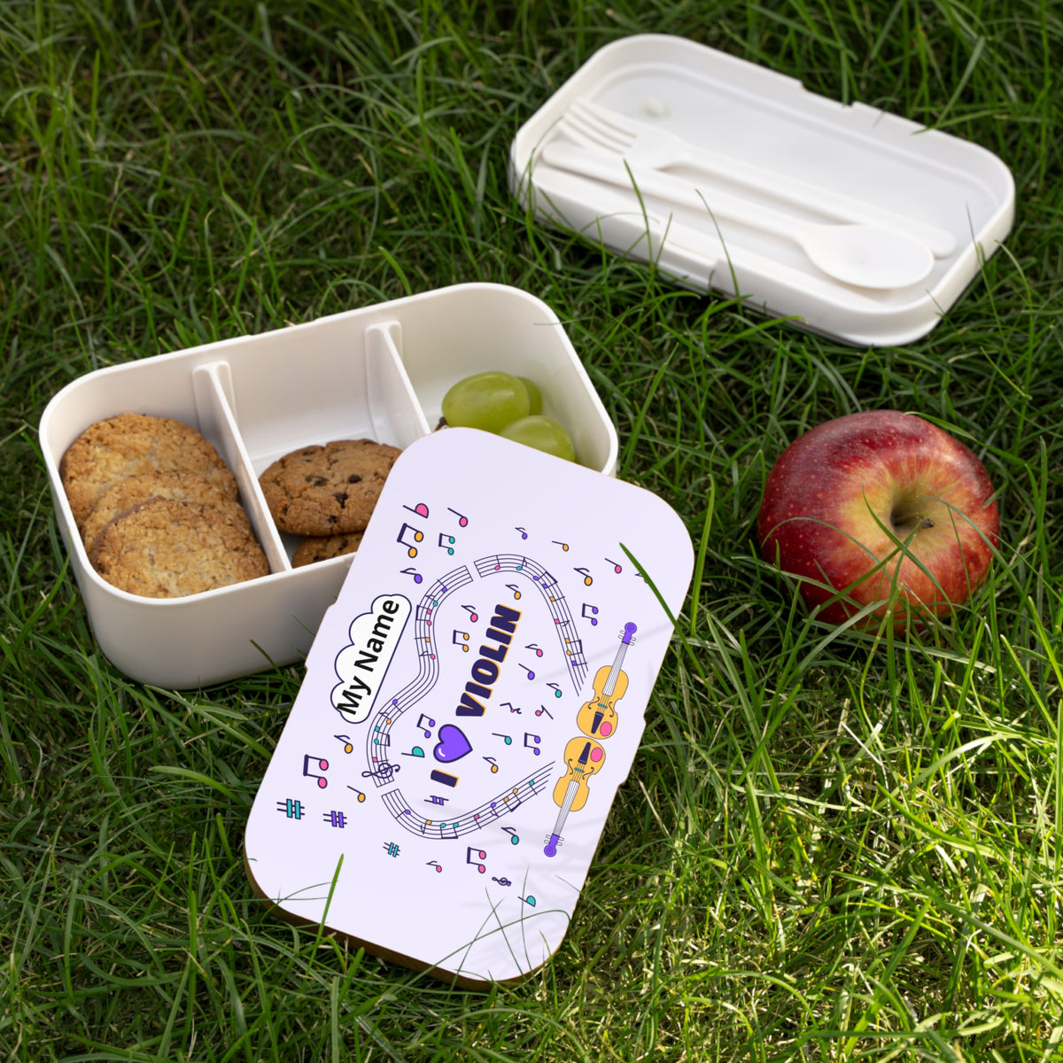 Music-themed Bento Lunch Box: 'I love violin' - violet