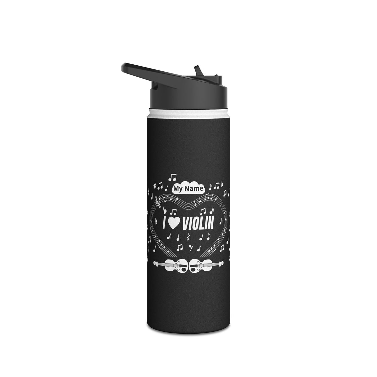 Music-themed Stainless Steel Water Bottle, Standard Lid: 'I love violin' - black & white