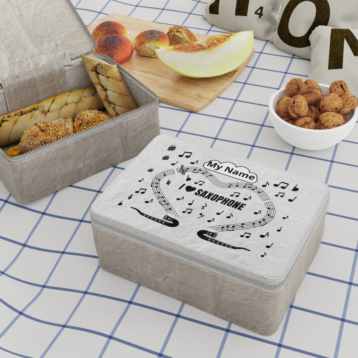 Music-themed Paper Lunch Bag: 'I love saxophone' - black on white