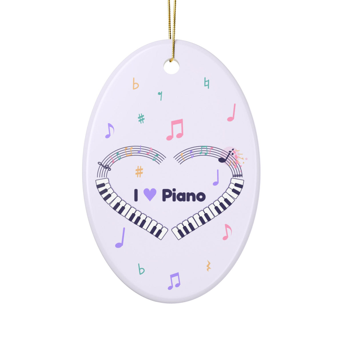 Music-themed Ceramic Ornaments, 2-Side Print: 'I love piano' heart - violet