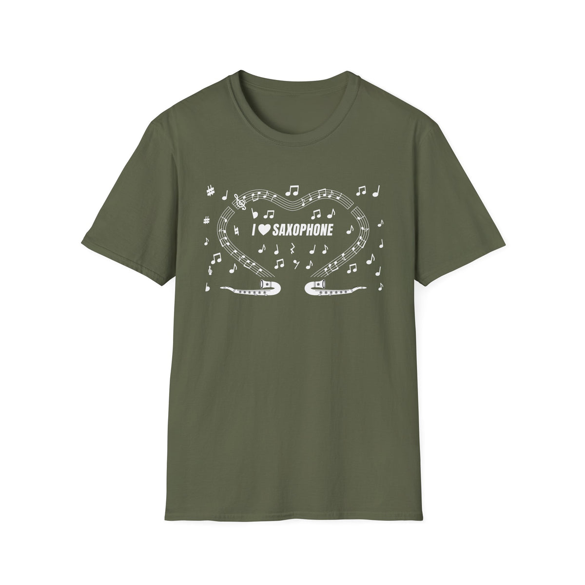 Music-themed Unisex Softstyle T-Shirt: 'I love saxophone' - black & white