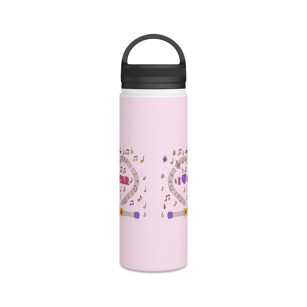Music-themed Stainless Steel Water Bottle, Handle Lid: 'I love guitar' - pink