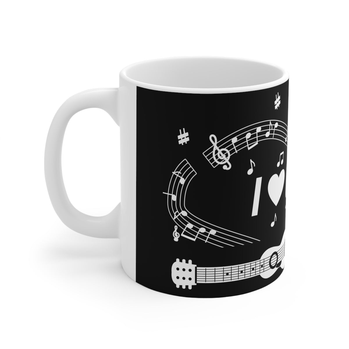 Music-themed Ceramic Mug, 11oz, 15oz: 'I love guitar' - black & white