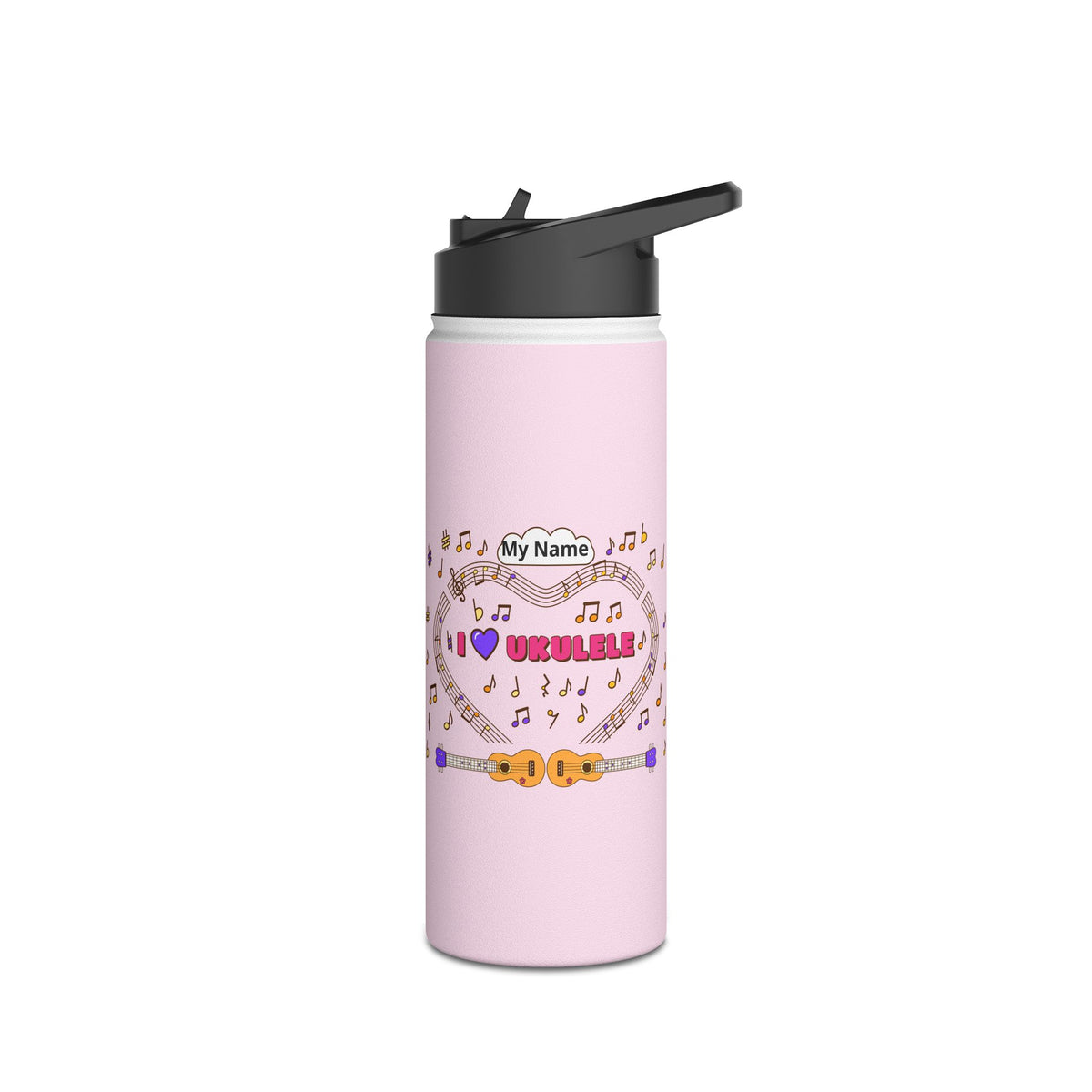 Music-themed Stainless Steel Water Bottle, Standard Lid: 'I love ukulele' - pink