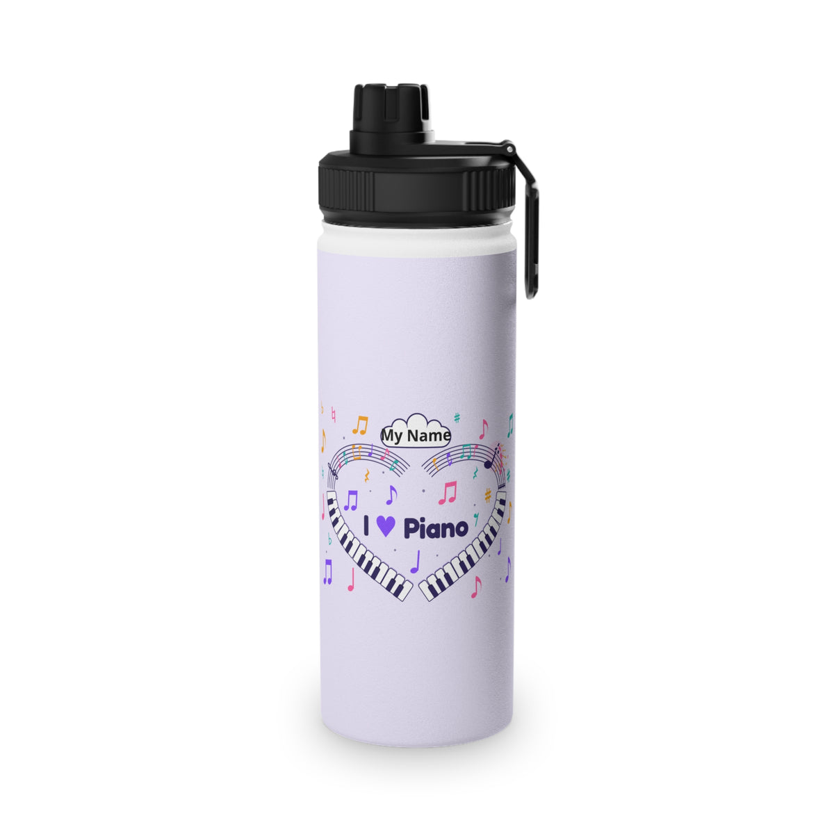 Music-themed Stainless Steel Water Bottle, Sports Lid: 'I love piano' heart - violet