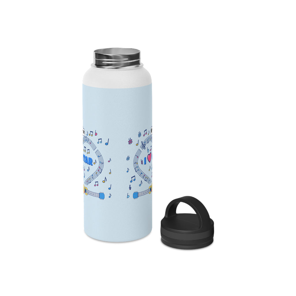 Music-themed Stainless Steel Water Bottle, Handle Lid: 'I love guitar' - blue
