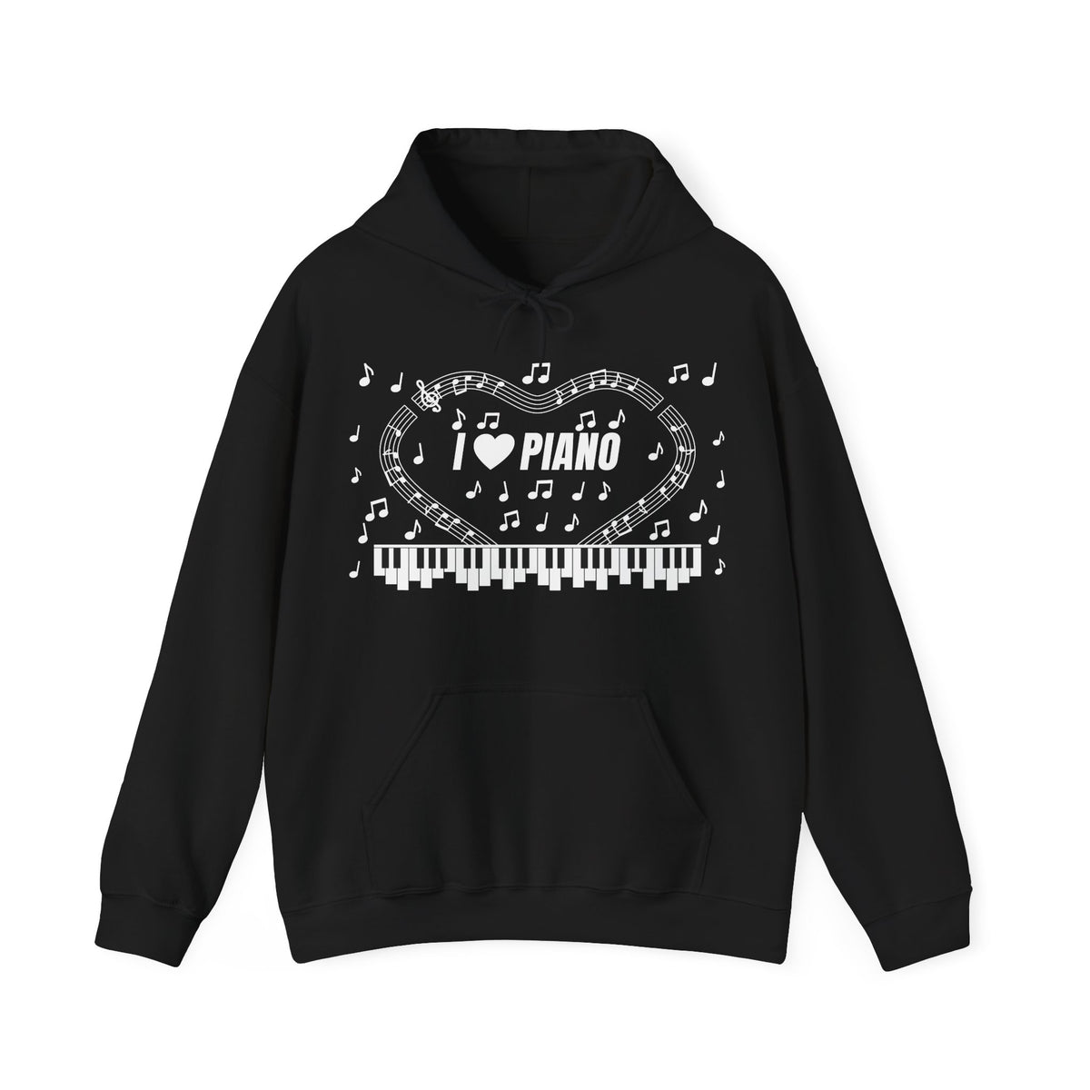Music-themed Unisex Heavy Blend Hooded Sweatshirt: 'I love piano' - black & white