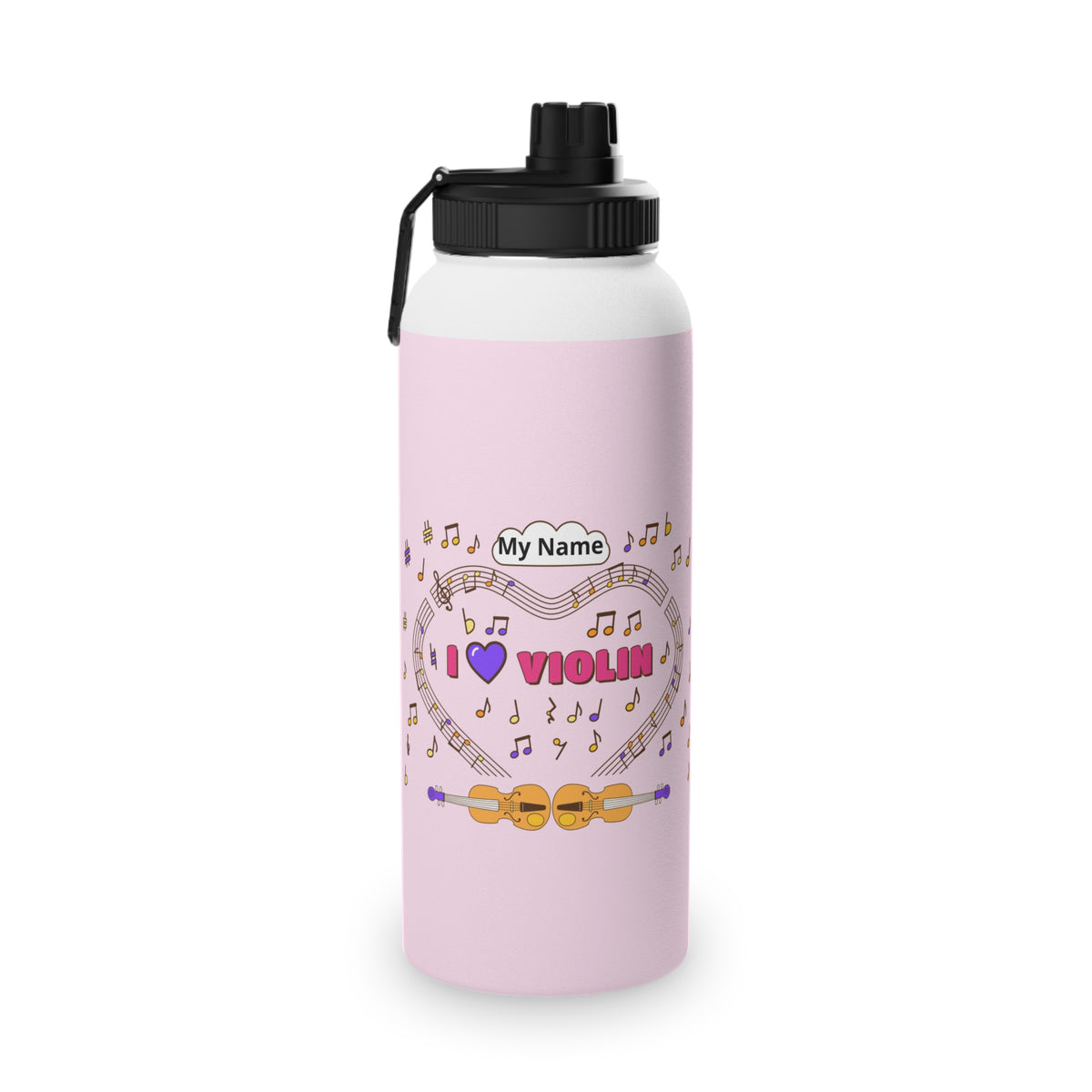 Music-themed Stainless Steel Water Bottle, Sports Lid: 'I love violin' - pink